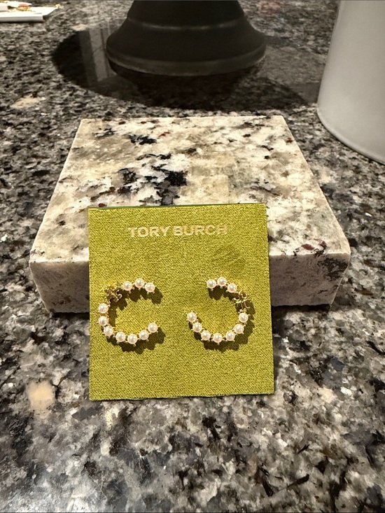 Tory Burch Jewelry - Tory Burch Gold Pearl Accented C-Hoop Earrings